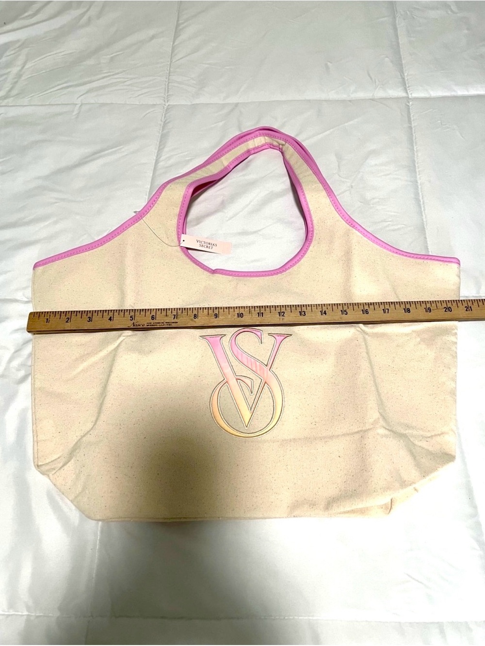 NWT Victoria's Secret Cream Canvas Tote with Pink Trim - Picture 4 of 8